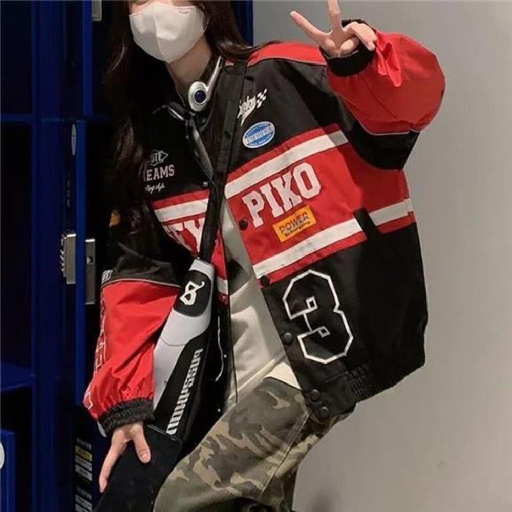 Women's Patchwork Long Sleeve Racing Bomber Letterman Varsity Jacket - Picture 6 of 7